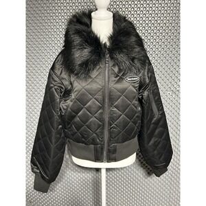 Juicy Couture Aviator Quilted Bomber Jacket XL Faux Detachable Fur Collar Y2K